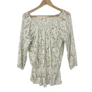 Maria Gabrielle Beige Lace Long Sleeve Peplum Blouse, Size Large